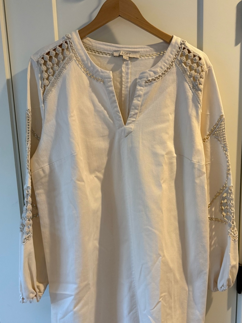 LOFT Cream Long Sleeve Tunic with Lace-Inset Details